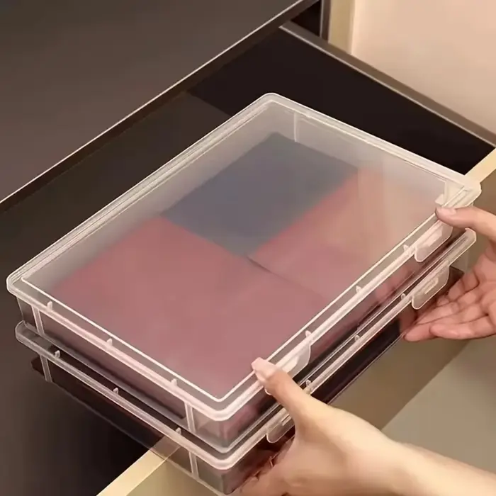 Boîte de rangement en plastique transparent format A4 avec couvercle rabattable - Organisateur de bureau anti-poussière