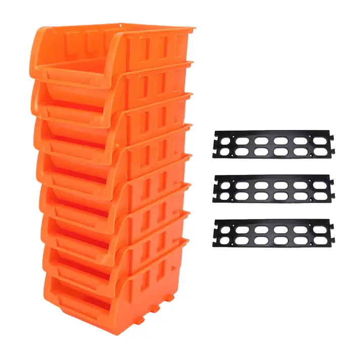 Système de rangement mural modulaire avec 8 bacs empilables et 3 rails, organisateur pour garage et