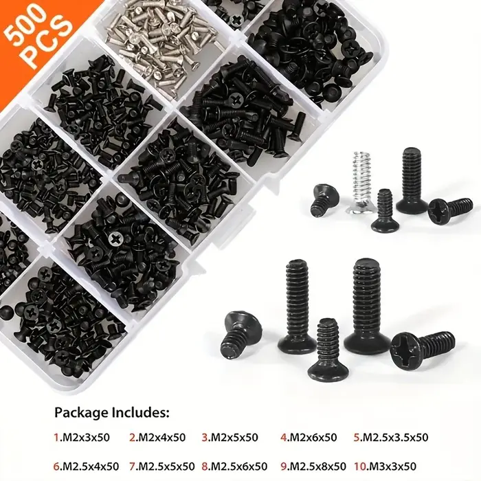 250/500 pièces/boîte ordinateur petit mini jeu de vis M2 M2.5 M3 en acier au carbone