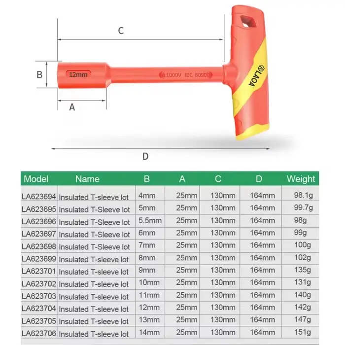 LAOA-Clé à douille isolée en forme de T, lot spécial pour électricien, haute résistance aux chocs, V
