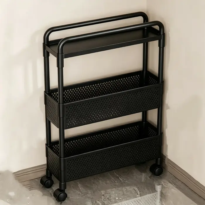 Unité de rangement mobile noire, étagères pratiques à plusieurs niveaux, support de rangement étroit sur roulettes.