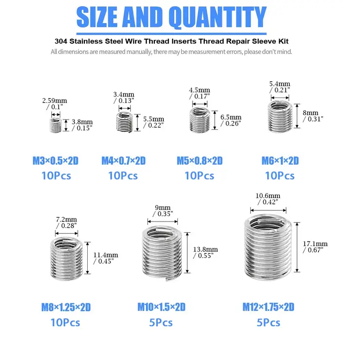 60Pcs Fil Fil Insert M3 M4 M5 M6 M8 M10 M12 Fixation Fil Insert En Acier Inoxydable Spirale Fil Vis 
